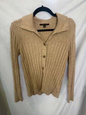 Cyrus Tan Ribbed Cable Knit Collared Cardigan Sweater Size L